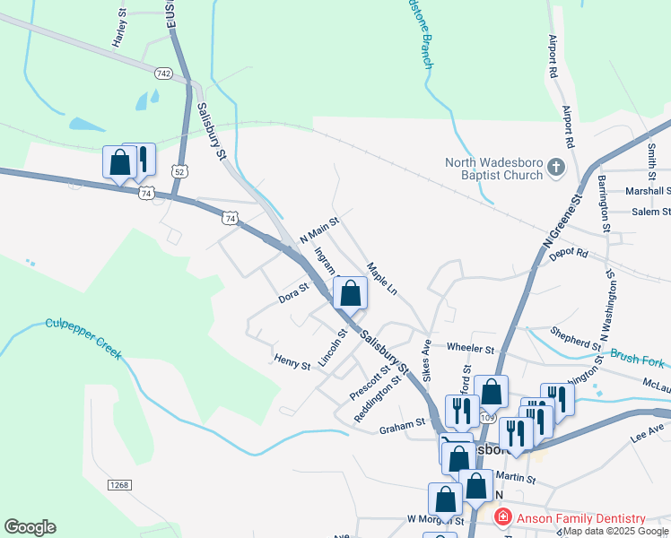 map of restaurants, bars, coffee shops, grocery stores, and more near 804 Ingram Street in Wadesboro