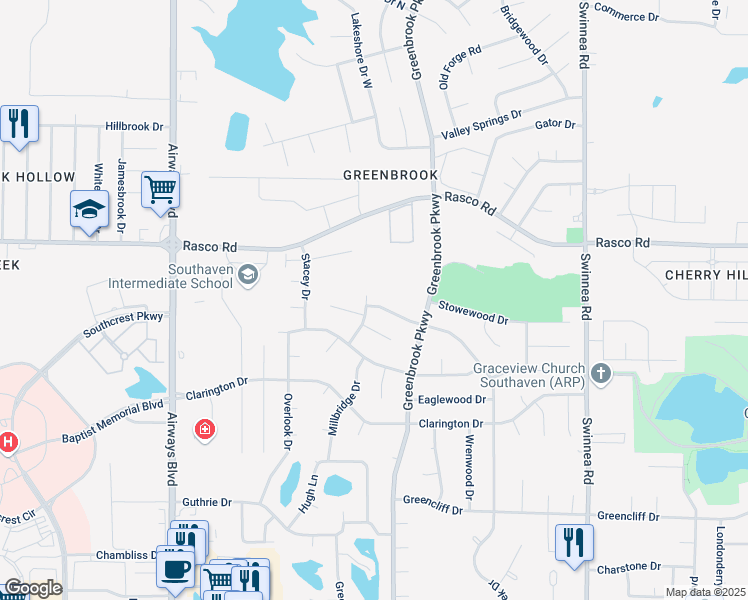 map of restaurants, bars, coffee shops, grocery stores, and more near 506 White Ash Drive in Southaven