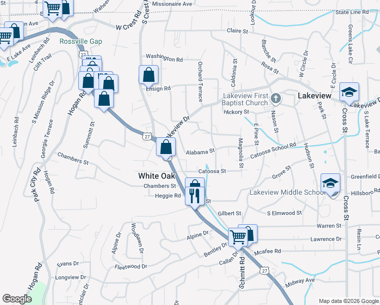 map of restaurants, bars, coffee shops, grocery stores, and more near 206 Alabama Avenue in Rossville