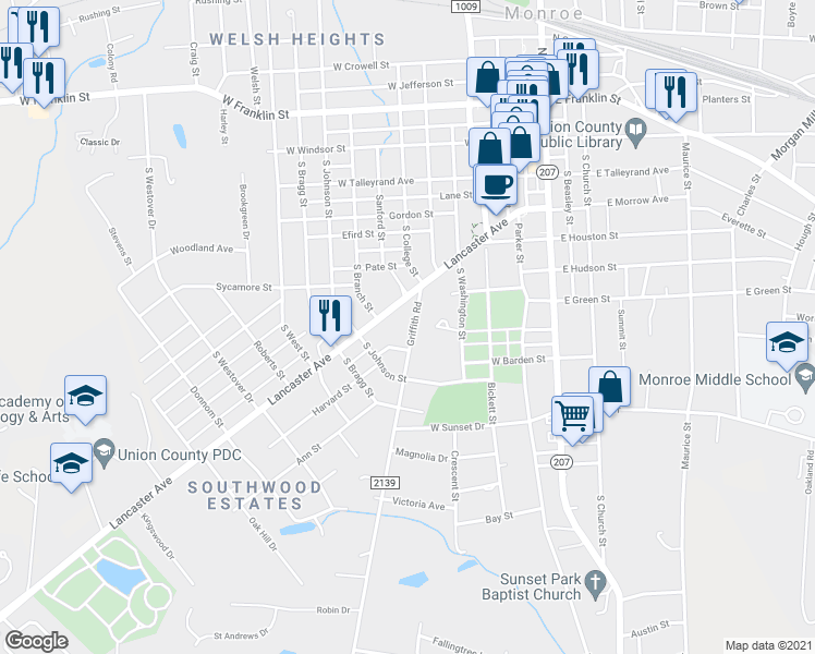 map of restaurants, bars, coffee shops, grocery stores, and more near 202 Griffith Road in Monroe