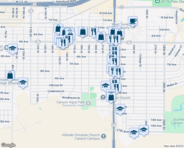 map of restaurants, bars, coffee shops, grocery stores, and more near 1900 8th Avenue in Canyon