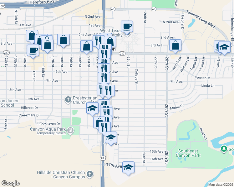 map of restaurants, bars, coffee shops, grocery stores, and more near 2406 8th Ave in Canyon