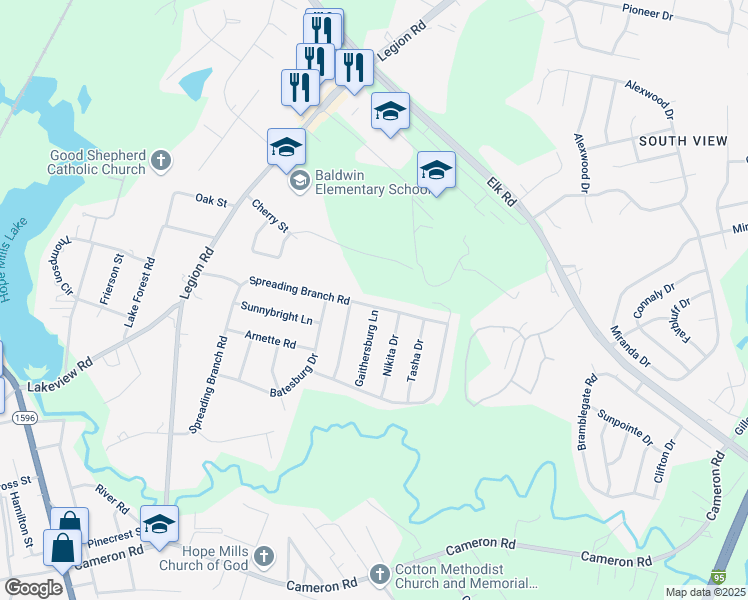 map of restaurants, bars, coffee shops, grocery stores, and more near 5308 Spreading Branch Road in Hope Mills