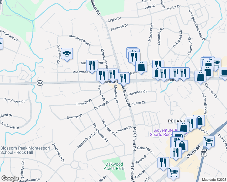 map of restaurants, bars, coffee shops, grocery stores, and more near 2237 Franklin Street in Rock Hill