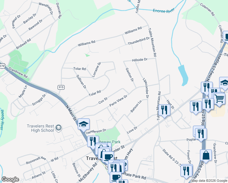 map of restaurants, bars, coffee shops, grocery stores, and more near 28 Cox Street in Travelers Rest