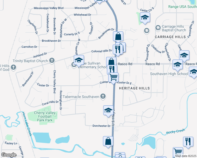map of restaurants, bars, coffee shops, grocery stores, and more near 1637 Gilford Cove West in Southaven