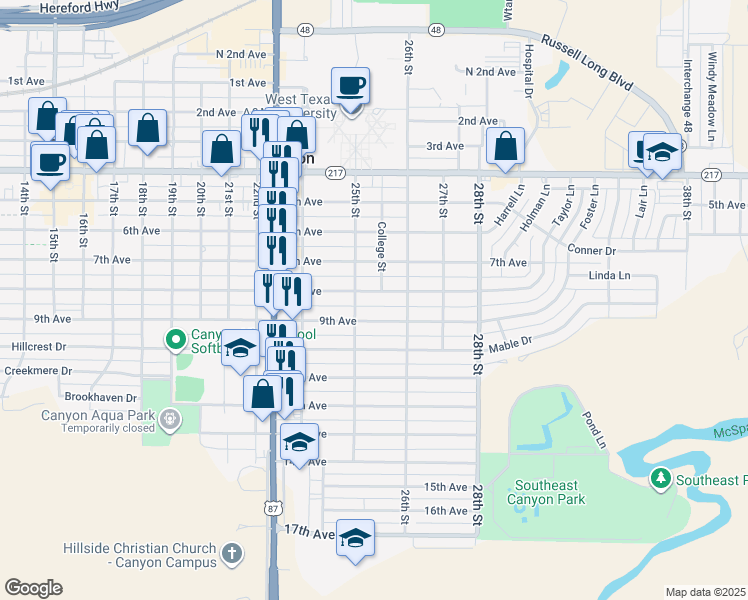 map of restaurants, bars, coffee shops, grocery stores, and more near 2506 8th Avenue in Canyon