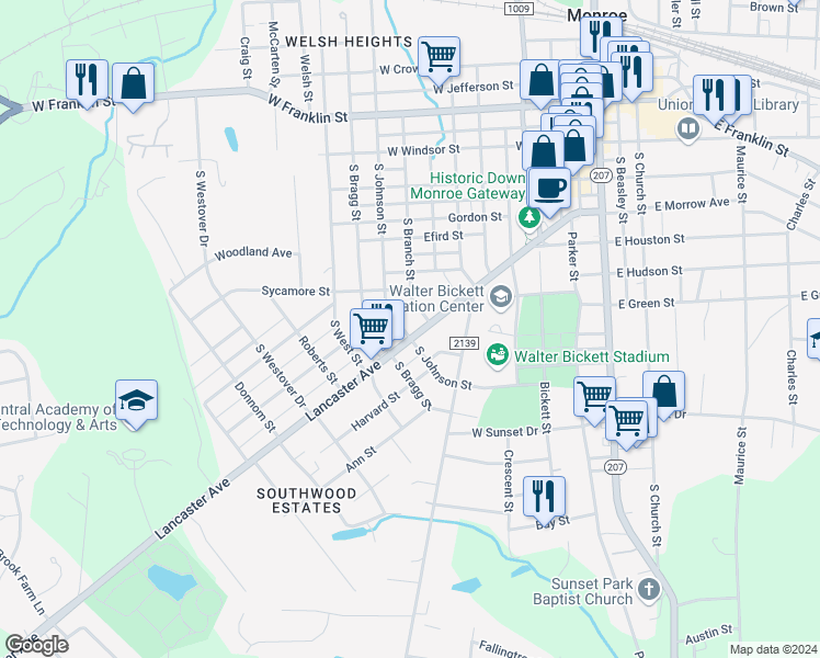 map of restaurants, bars, coffee shops, grocery stores, and more near 704 Lancaster Avenue in Monroe