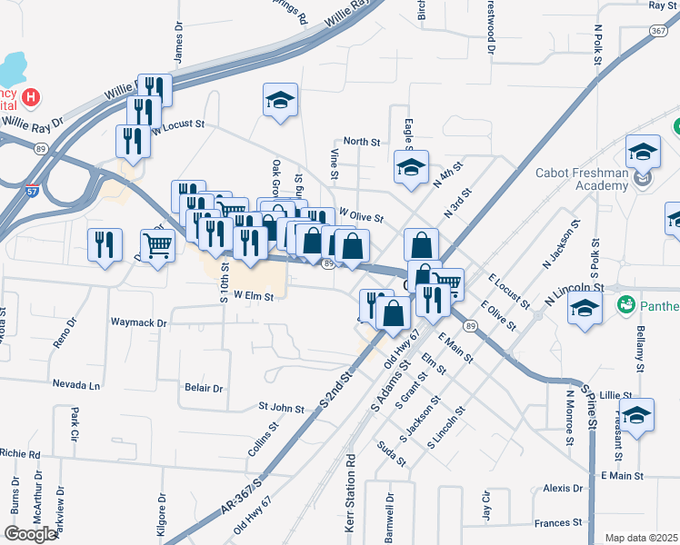 map of restaurants, bars, coffee shops, grocery stores, and more near 521 West Main Street in Cabot
