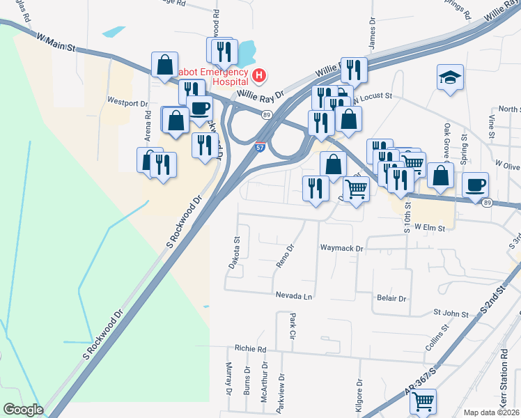 map of restaurants, bars, coffee shops, grocery stores, and more near 500 Dakota Street in Cabot