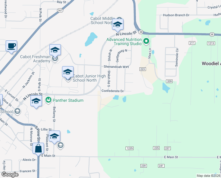 map of restaurants, bars, coffee shops, grocery stores, and more near 27 Shiloh Road South in Cabot