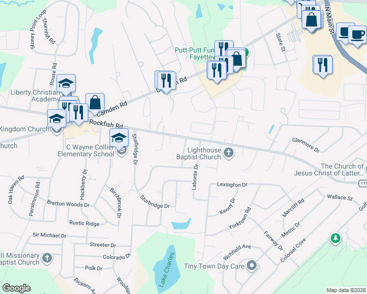 map of restaurants, bars, coffee shops, grocery stores, and more near 6179 Rockfish Road in Hope Mills