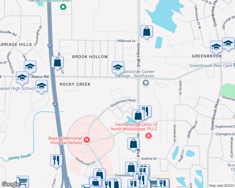 map of restaurants, bars, coffee shops, grocery stores, and more near 7805 Southcrest Parkway in Southaven