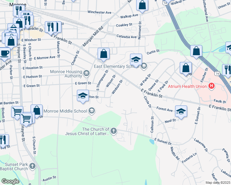 map of restaurants, bars, coffee shops, grocery stores, and more near 308 Winburn Street in Monroe