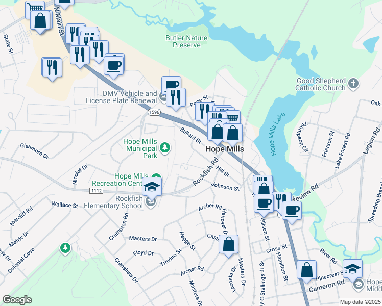 map of restaurants, bars, coffee shops, grocery stores, and more near 3332 Kenmont Lane in Hope Mills