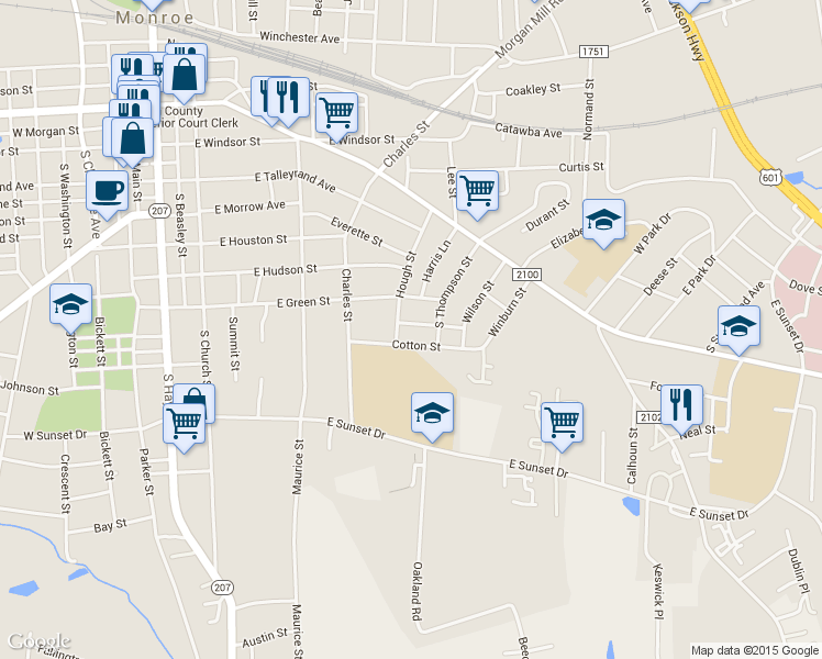map of restaurants, bars, coffee shops, grocery stores, and more near 604 Worley St in Monroe