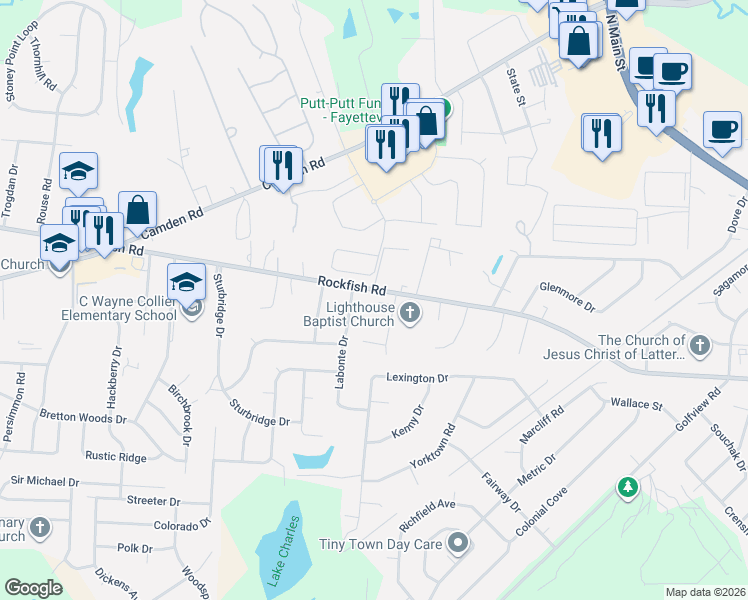 map of restaurants, bars, coffee shops, grocery stores, and more near 6051 Rockfish Road in Hope Mills