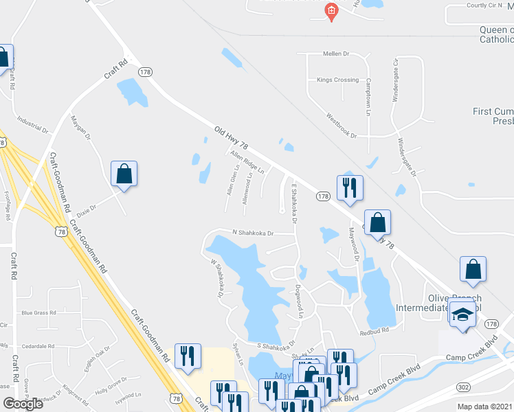 map of restaurants, bars, coffee shops, grocery stores, and more near 7879 Ridgedale Drive in Olive Branch