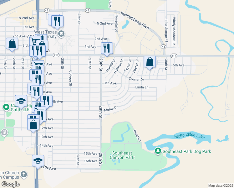 map of restaurants, bars, coffee shops, grocery stores, and more near 711 Taylor Ln in Canyon