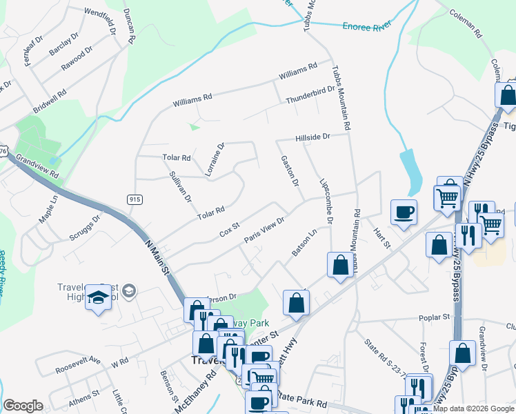 map of restaurants, bars, coffee shops, grocery stores, and more near 28 Cox Street in Travelers Rest