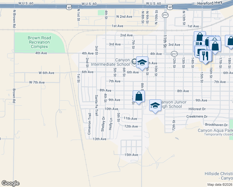 map of restaurants, bars, coffee shops, grocery stores, and more near 506 8th Avenue in Canyon