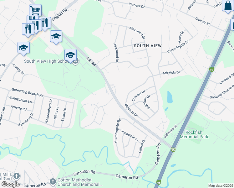 map of restaurants, bars, coffee shops, grocery stores, and more near 513 Meadowland Court in Hope Mills