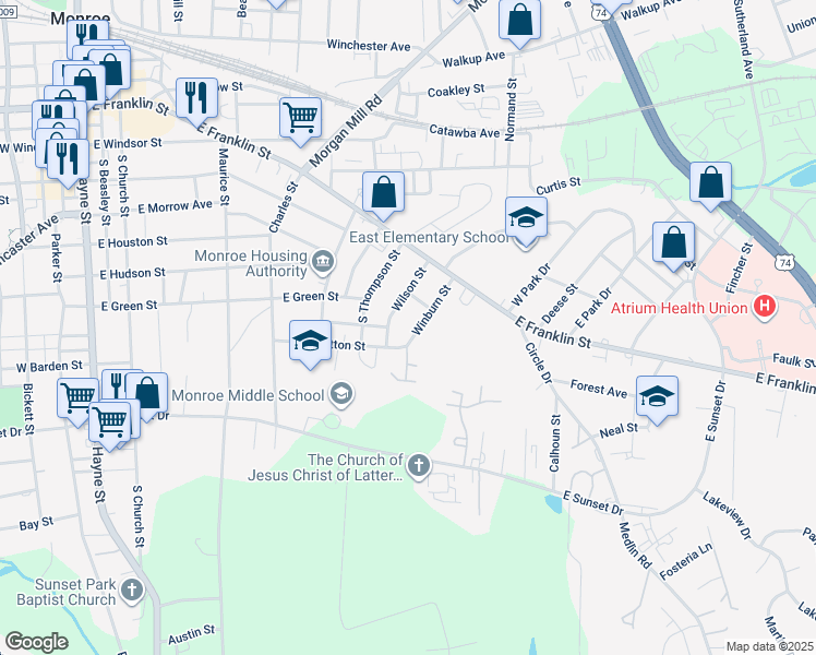 map of restaurants, bars, coffee shops, grocery stores, and more near 308 Winburn Street in Monroe