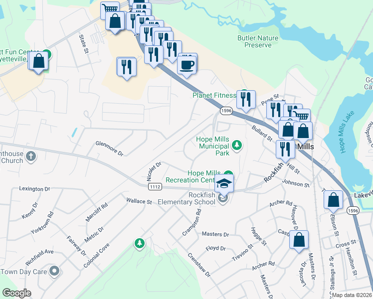 map of restaurants, bars, coffee shops, grocery stores, and more near 5755 Sagamore Road in Hope Mills