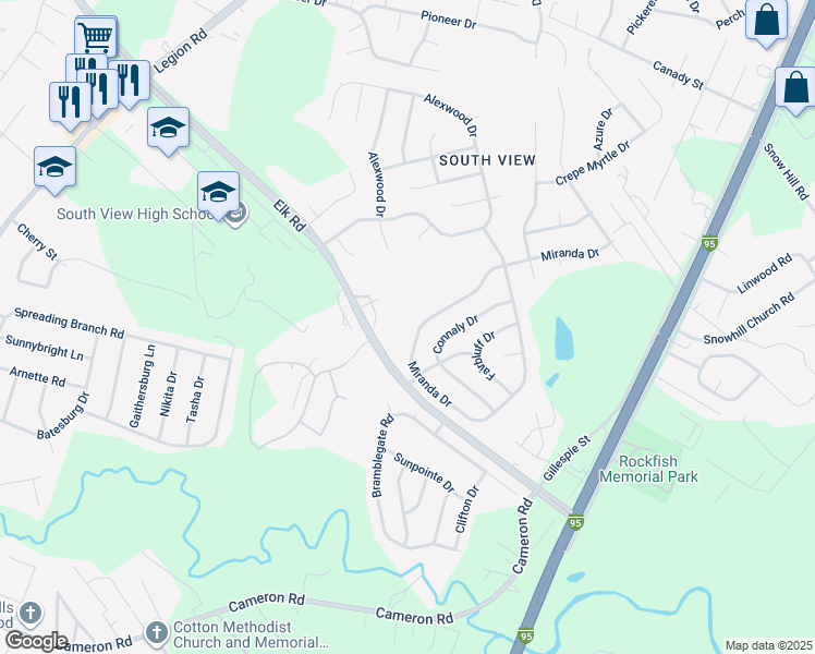 map of restaurants, bars, coffee shops, grocery stores, and more near 5333 Miranda Drive in Hope Mills