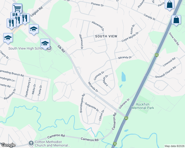 map of restaurants, bars, coffee shops, grocery stores, and more near 716 Connaly Drive in Hope Mills