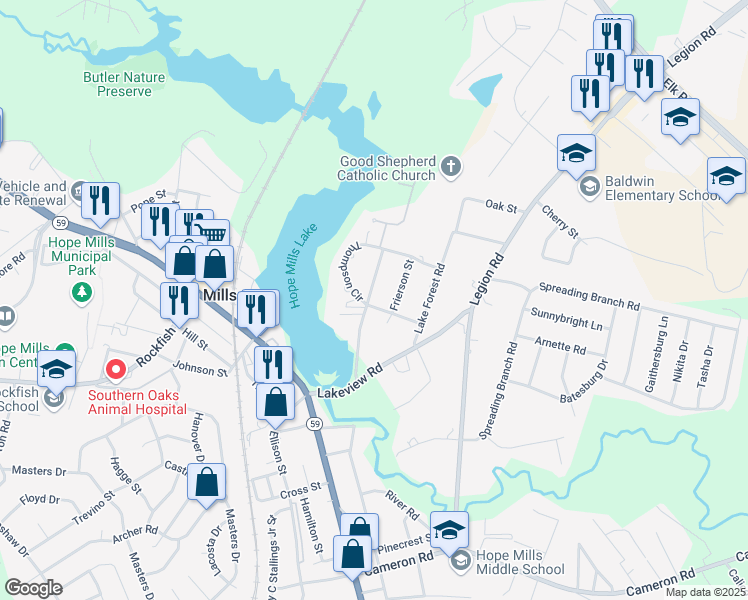 map of restaurants, bars, coffee shops, grocery stores, and more near 3625 Lakeshore Drive in Hope Mills