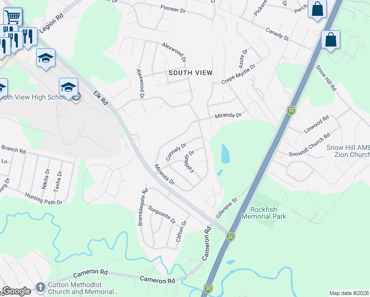 map of restaurants, bars, coffee shops, grocery stores, and more near 625 Connaly Drive in Hope Mills