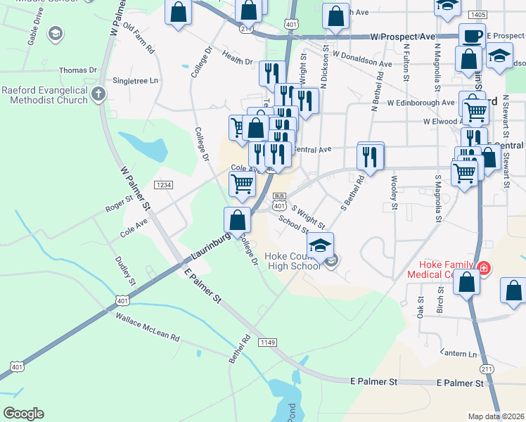 map of restaurants, bars, coffee shops, grocery stores, and more near 724 Harris Avenue in Raeford