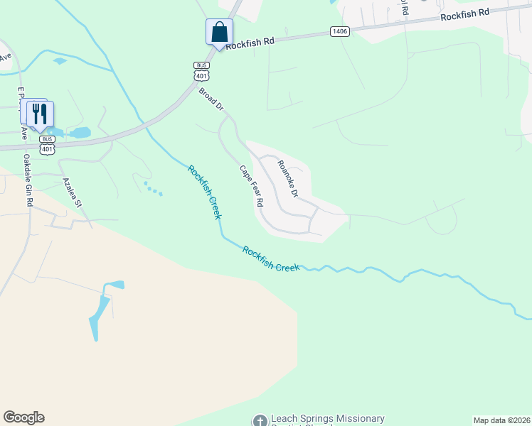 map of restaurants, bars, coffee shops, grocery stores, and more near 499 Cape Fear Road in Raeford