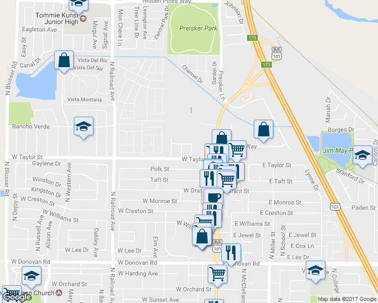 map of restaurants, bars, coffee shops, grocery stores, and more near 1913 Birch St in Santa Maria
