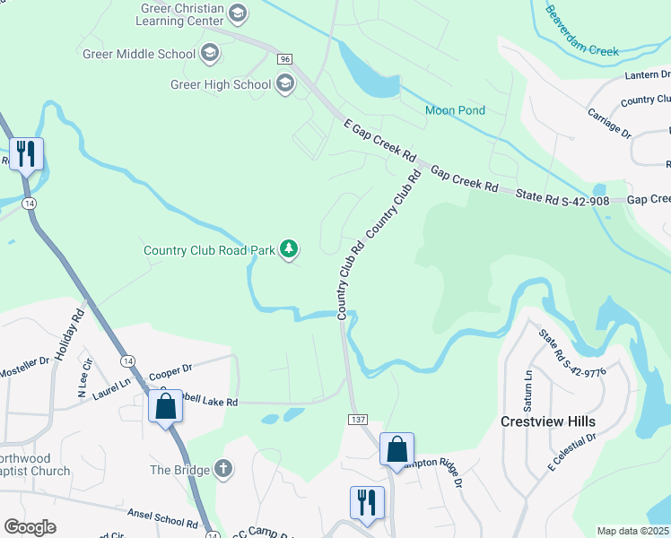 map of restaurants, bars, coffee shops, grocery stores, and more near 2537 Country Club Road in Greer