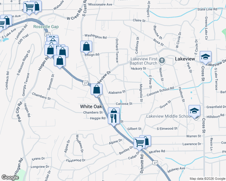 map of restaurants, bars, coffee shops, grocery stores, and more near 206 Alabama Avenue in Rossville