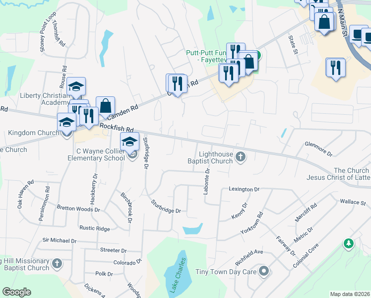 map of restaurants, bars, coffee shops, grocery stores, and more near 6179 Rockfish Road in Hope Mills
