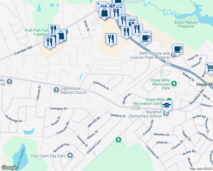map of restaurants, bars, coffee shops, grocery stores, and more near 3225 Old Oak Lane in Hope Mills