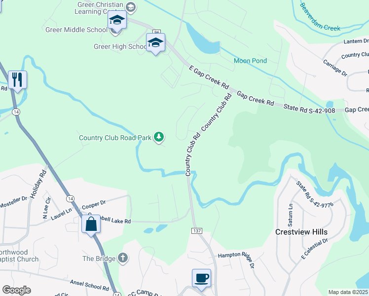 map of restaurants, bars, coffee shops, grocery stores, and more near 2537 Country Club Road in Greer