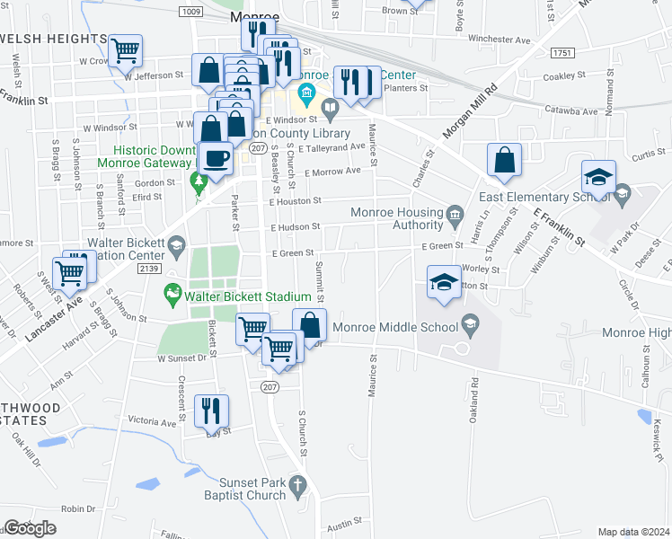 map of restaurants, bars, coffee shops, grocery stores, and more near 710 Forest Valley Lane in Monroe