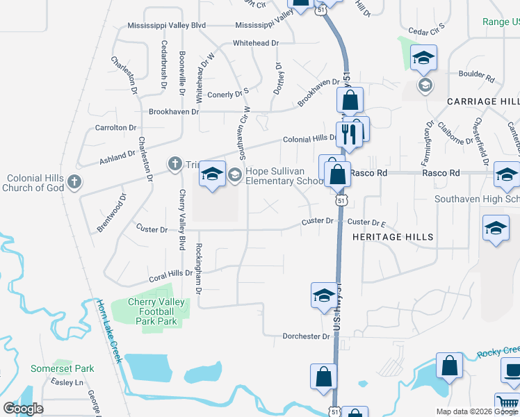 map of restaurants, bars, coffee shops, grocery stores, and more near 1768 Brown Cove in Southaven