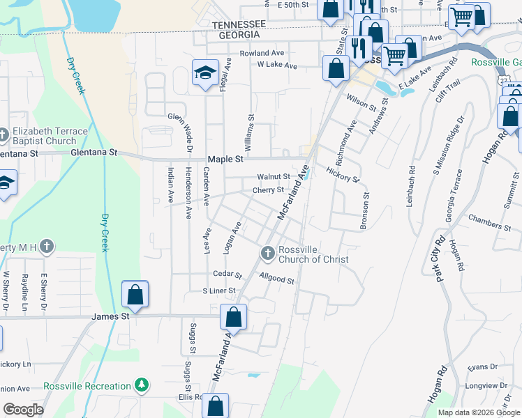 map of restaurants, bars, coffee shops, grocery stores, and more near 96 West Oak Street in Chickamauga