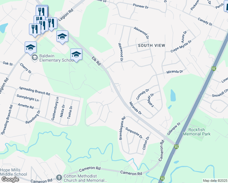 map of restaurants, bars, coffee shops, grocery stores, and more near 4753 Banks Court in Hope Mills