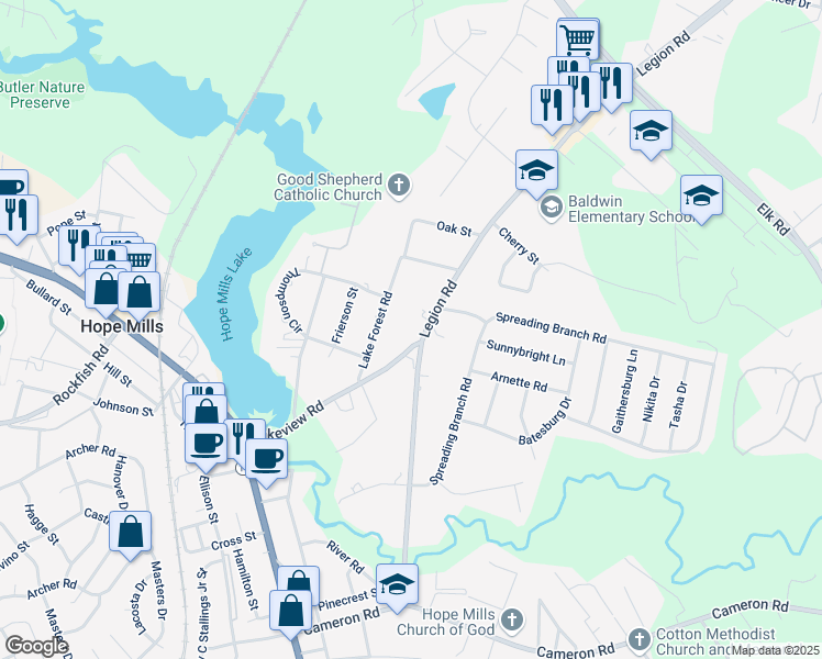 map of restaurants, bars, coffee shops, grocery stores, and more near 4686 Legion Road in Hope Mills