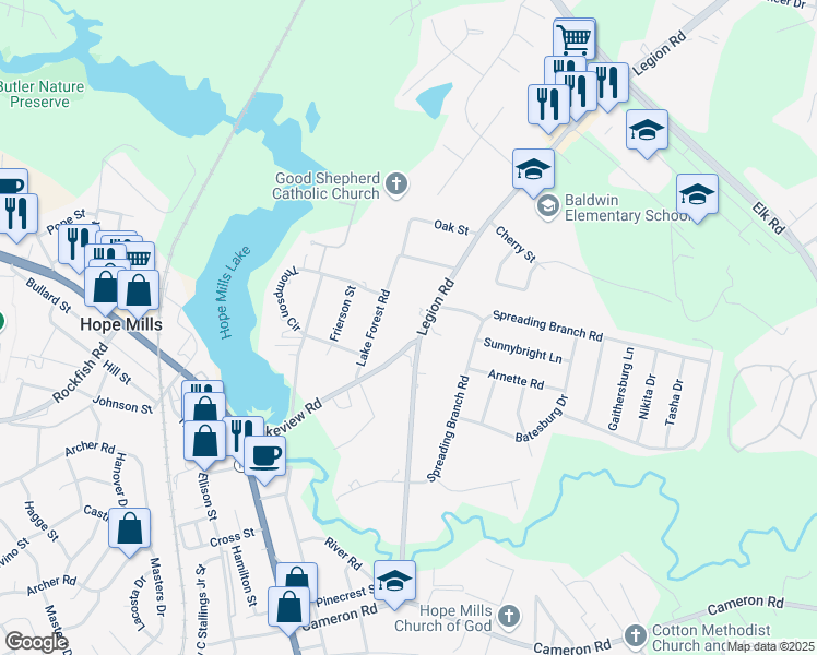 map of restaurants, bars, coffee shops, grocery stores, and more near 4686 Legion Road in Hope Mills