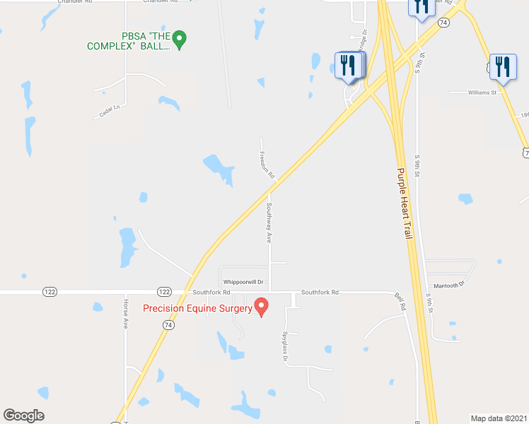 map of restaurants, bars, coffee shops, grocery stores, and more near 2803 Southway Avenue in Purcell