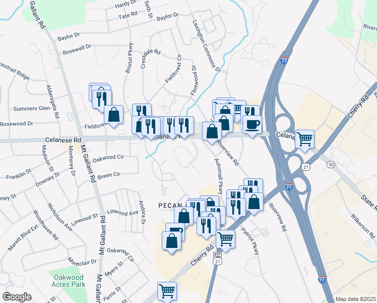 map of restaurants, bars, coffee shops, grocery stores, and more near 1742 Hunters Trail in Rock Hill