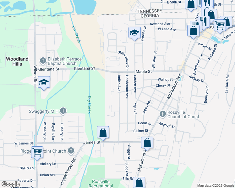 map of restaurants, bars, coffee shops, grocery stores, and more near 801 Indian Avenue in Rossville