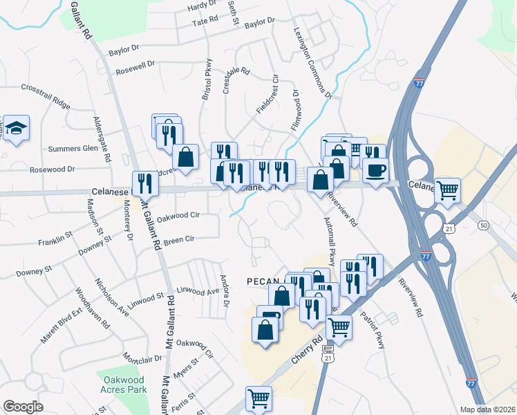 map of restaurants, bars, coffee shops, grocery stores, and more near 1718 Hunters Trail in Rock Hill